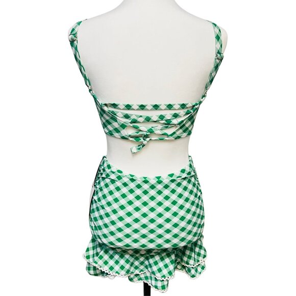 Unique Vintage Matching Set Swimwear Gingham High Bottom Skirt Bikini Top Retro - Picture 7 of 12